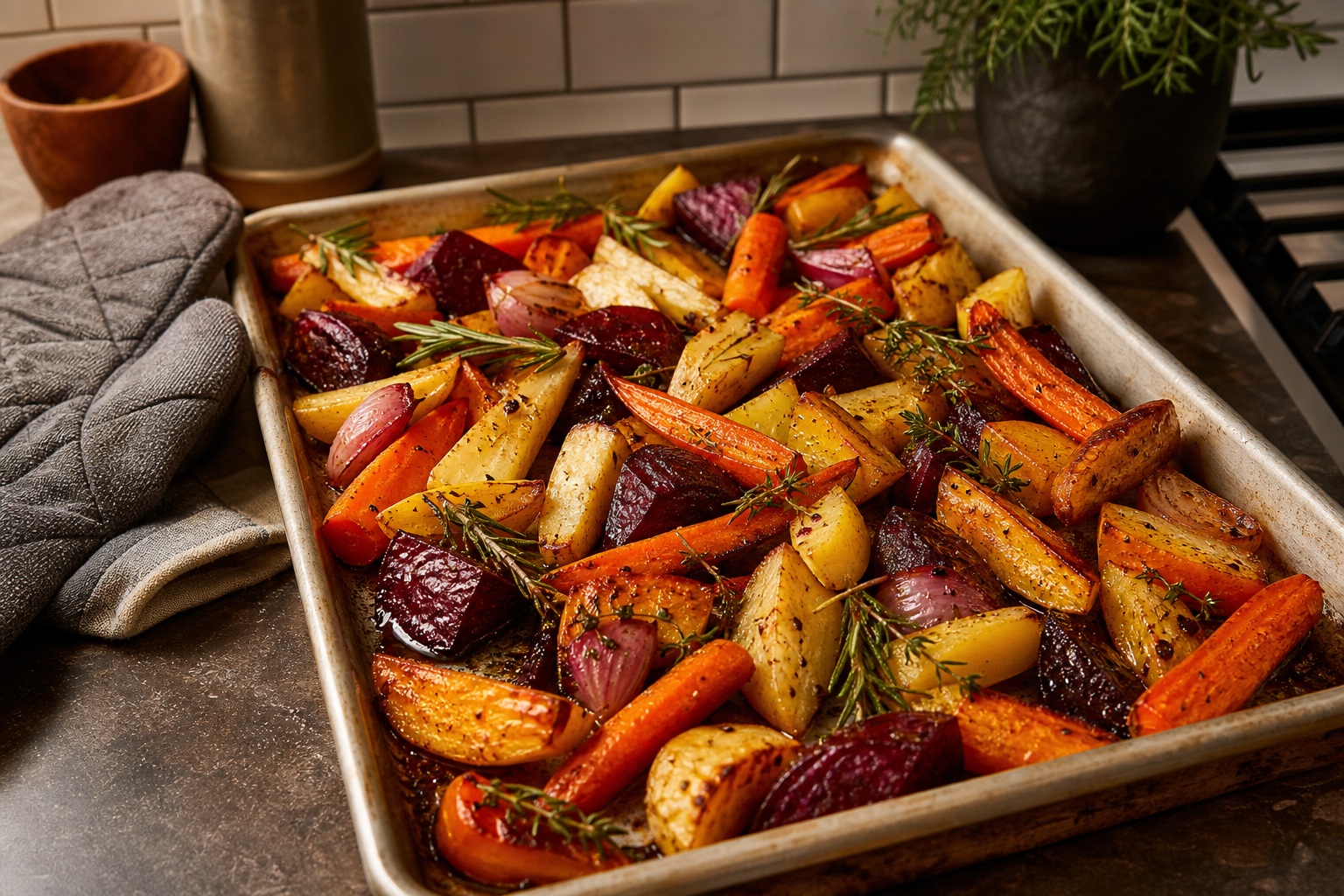 Sheet pan of roasted root vegetables in a warm kitchen with natural light.