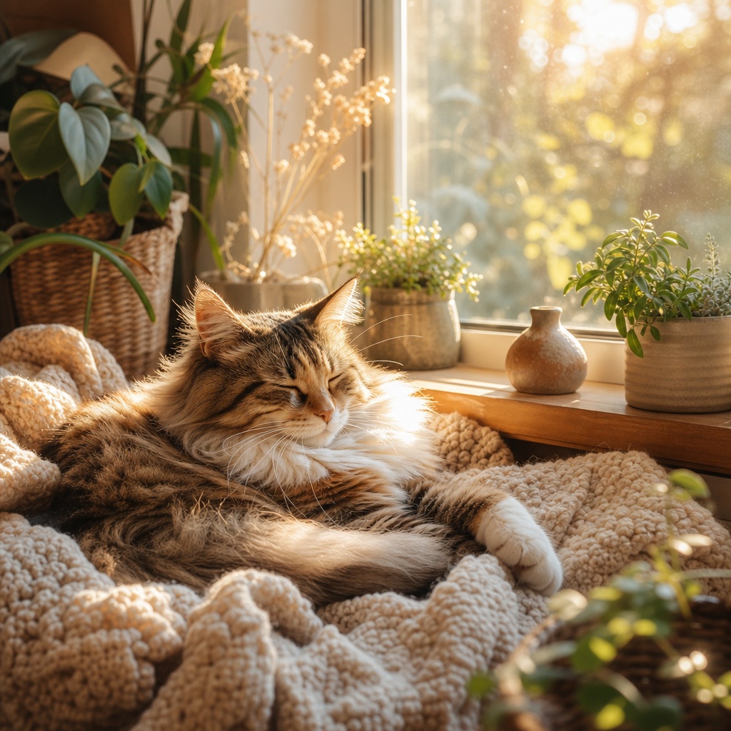 Tabby cat resting on a knitted blanket beside a sunlit window with houseplants.