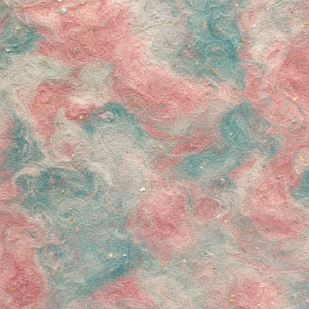 Rose and teal marbled paper texture with soft flecked surface