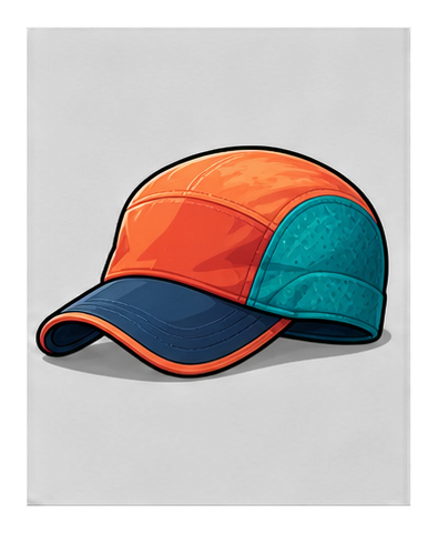 Orange and blue running cap sticker graphic on a dark background