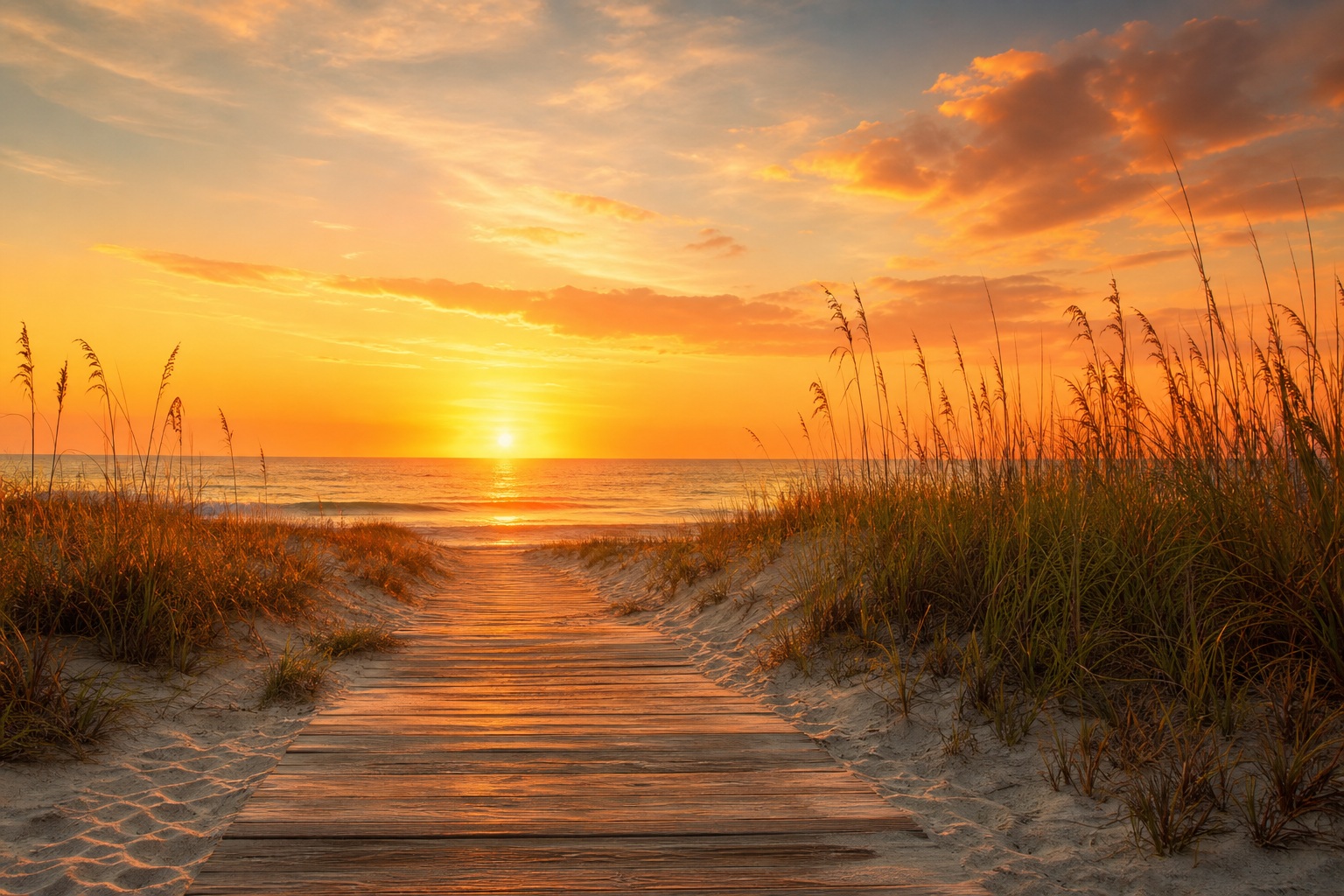 Wooden boardwalk leading through sandy dunes toward a glowing sunset over the beach.