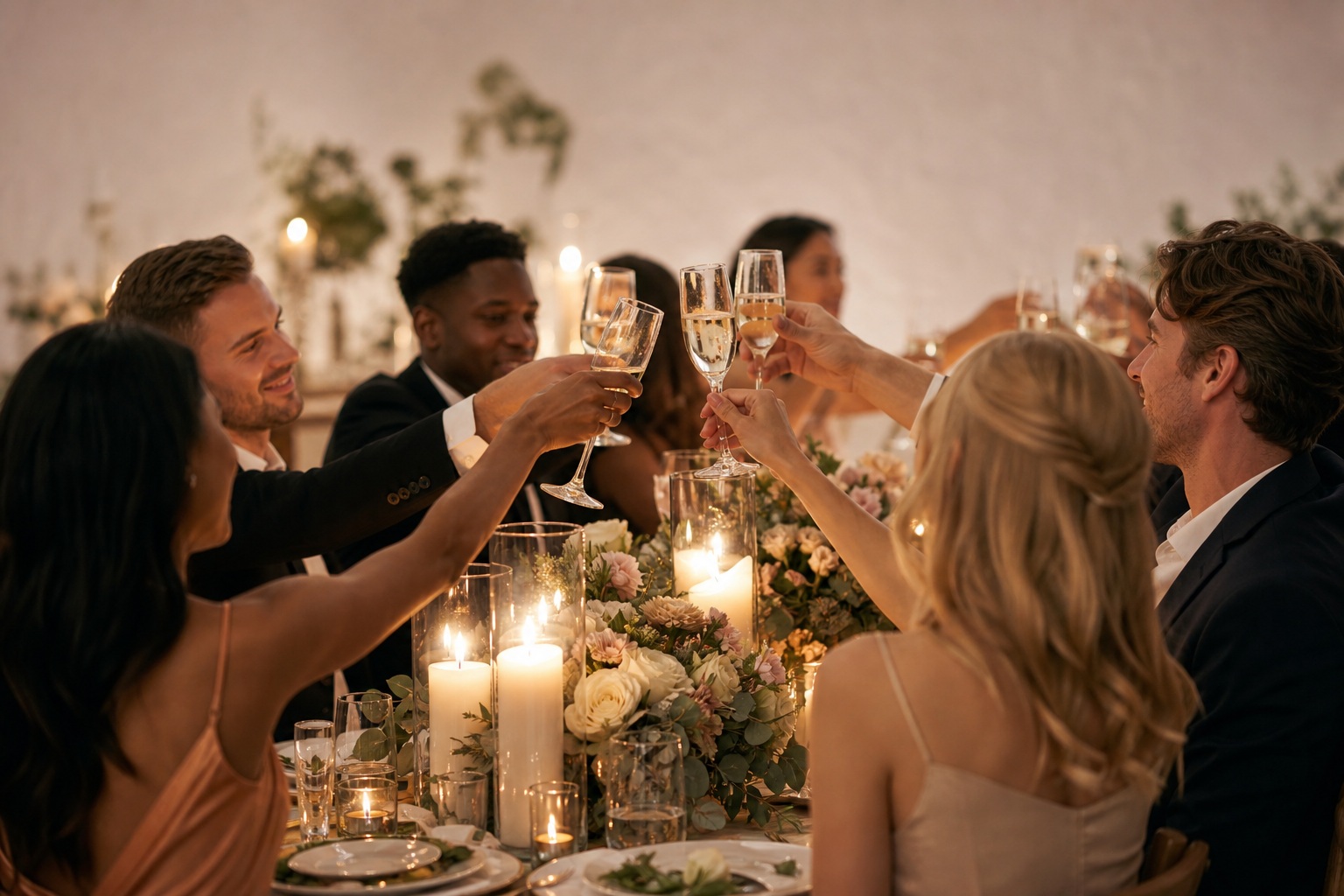 Preview for Wedding Guests Toasting At Candlelit Reception Background
