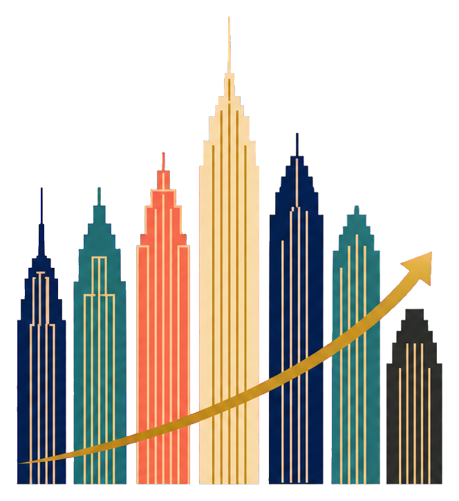 Colorful city skyline bars with an upward gold arrow showing market growth