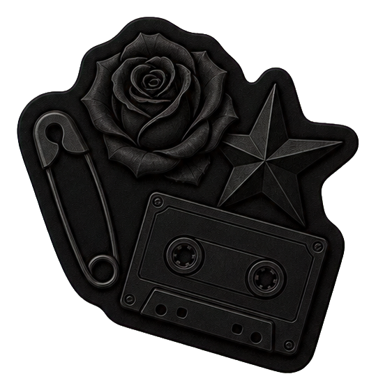 Black sticker graphic with a rose, safety pin, star, and cassette tape