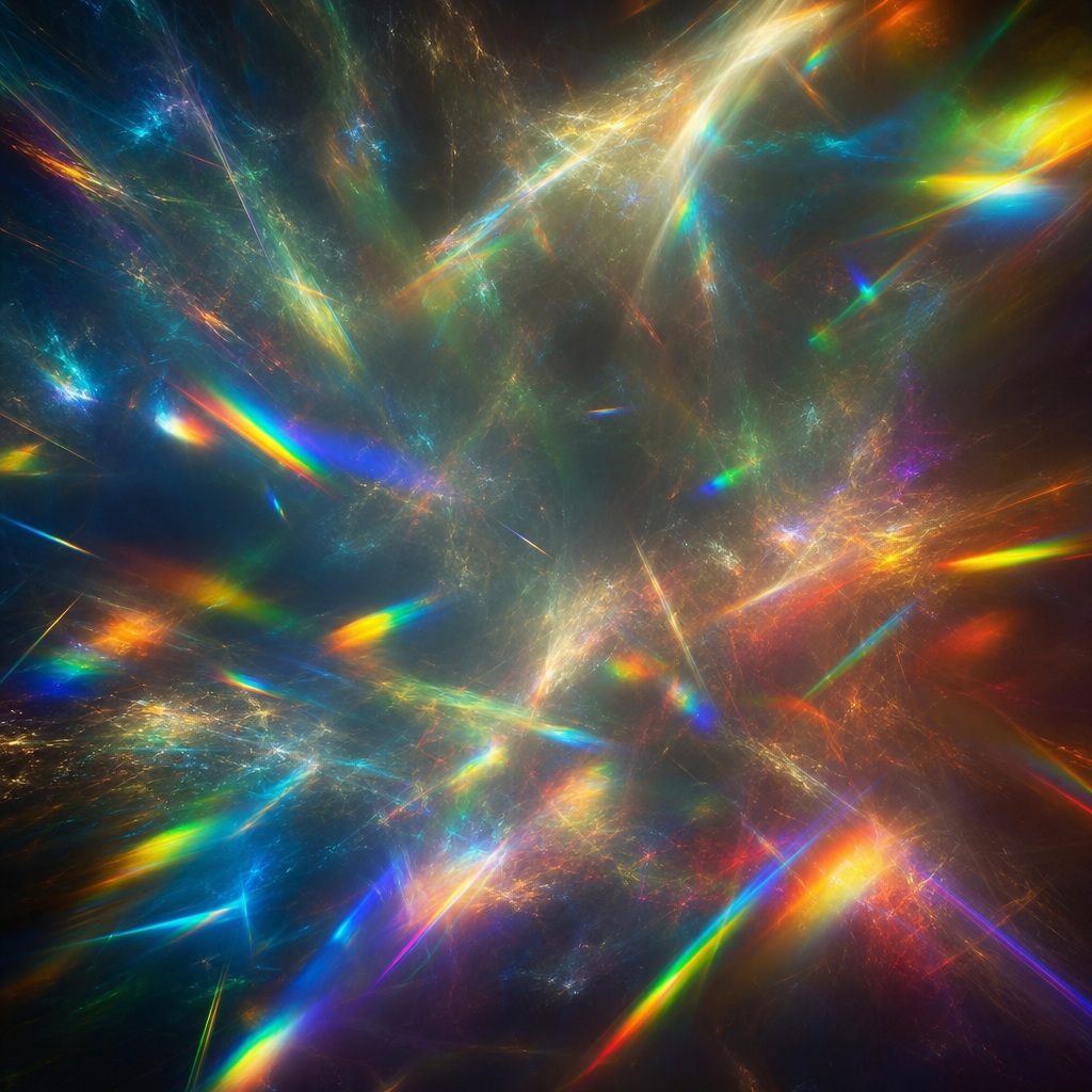 Colorful prism light rays and broken spectral ribbons on a dark abstract background