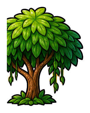Green leafy tropical tree with a rounded canopy and hanging vines