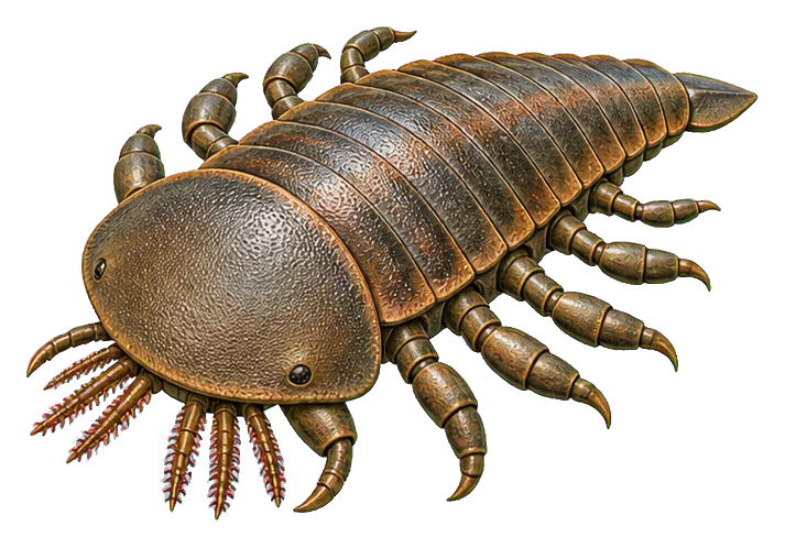 Illustrated extinct sea scorpion with segmented body, legs, and long sweeping front appendages