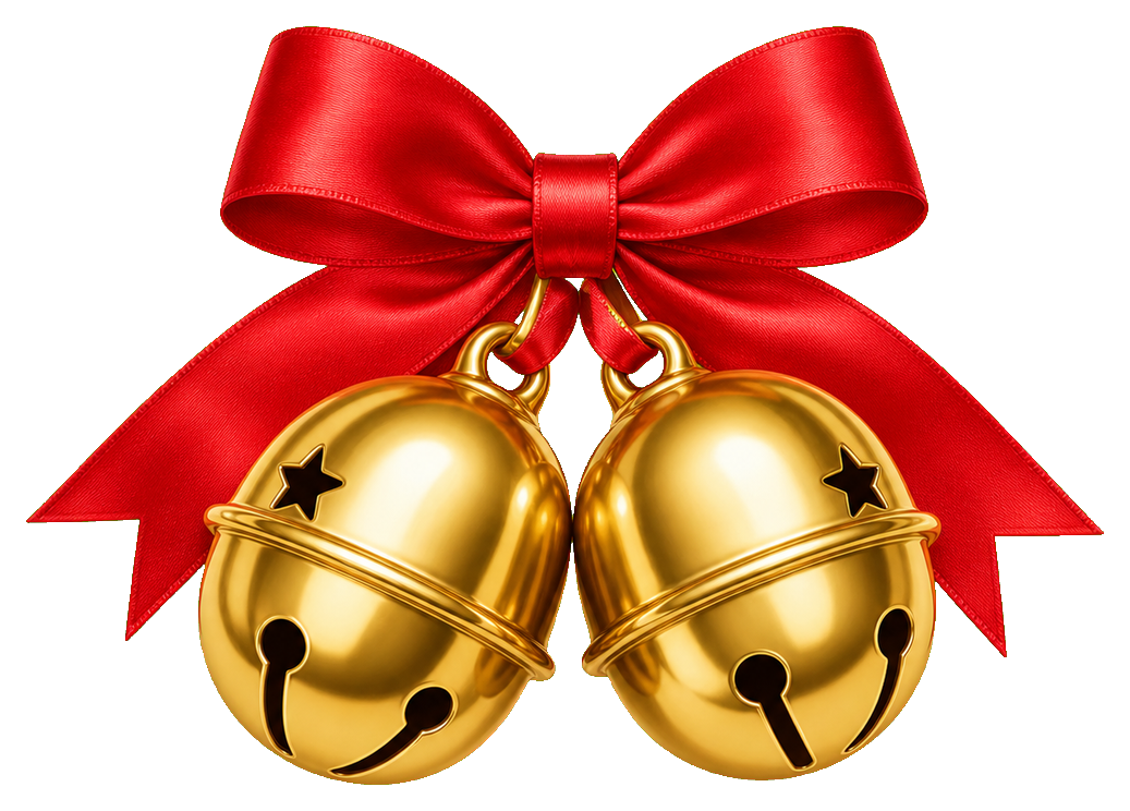 Two gold Christmas bells tied with a bright red ribbon bow.