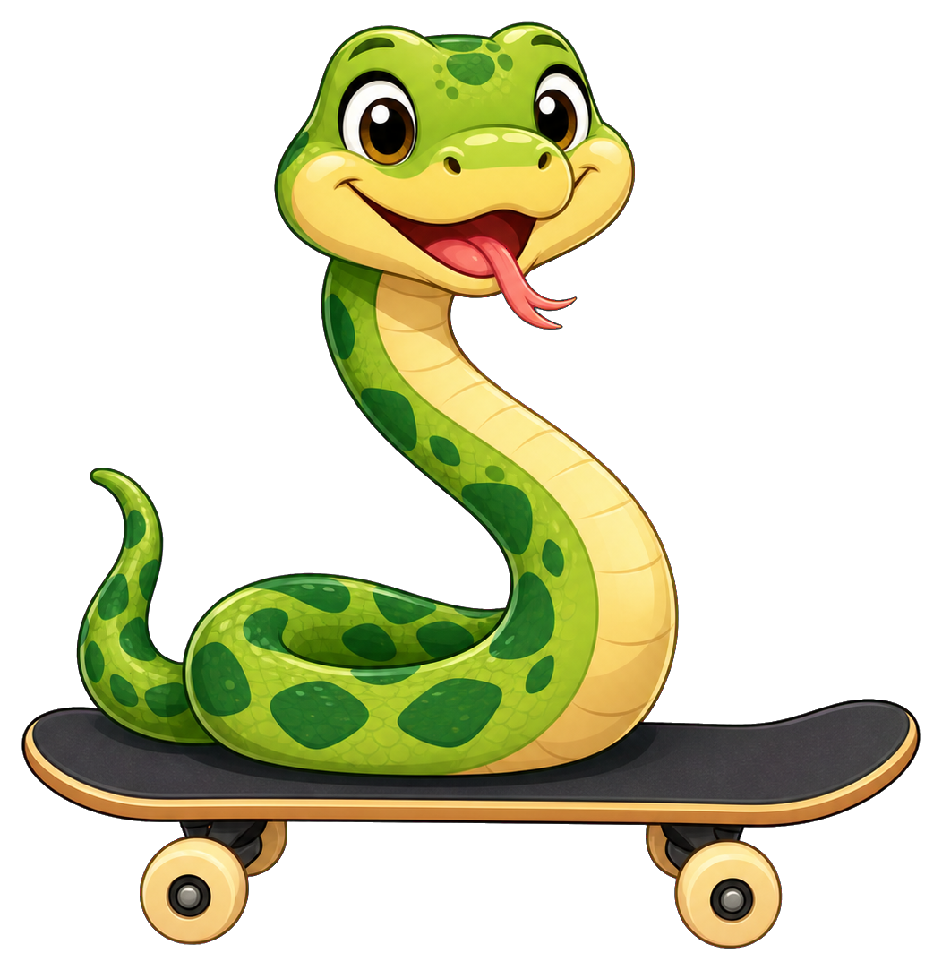 Cartoon green snake riding a skateboard with tongue out.