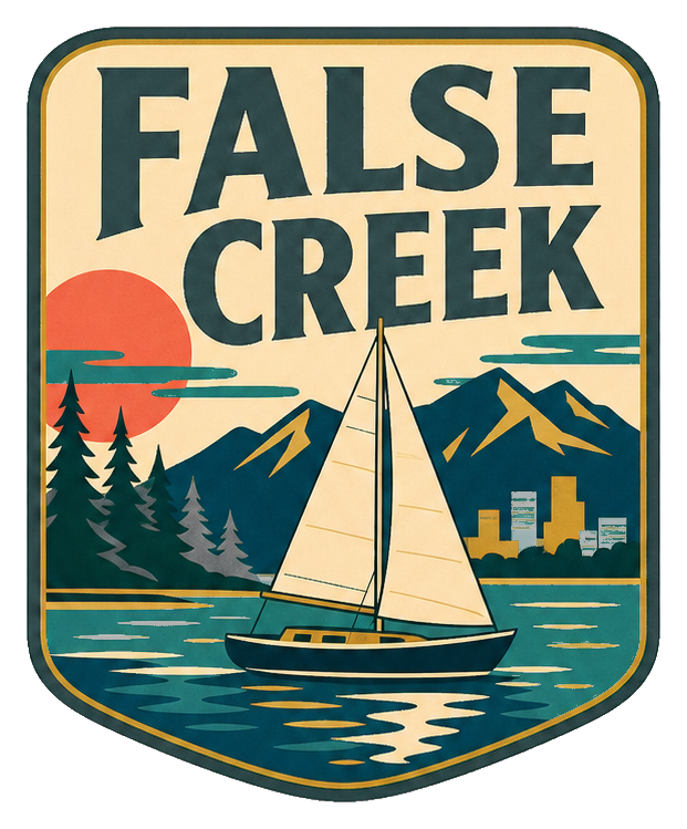 Retro illustrated sticker showing False Creek text above a sailboat on blue water with skyline and mountains.