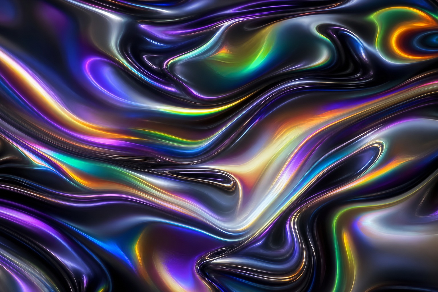 Abstract liquid chrome waves with iridescent gold, purple, blue, and black reflections