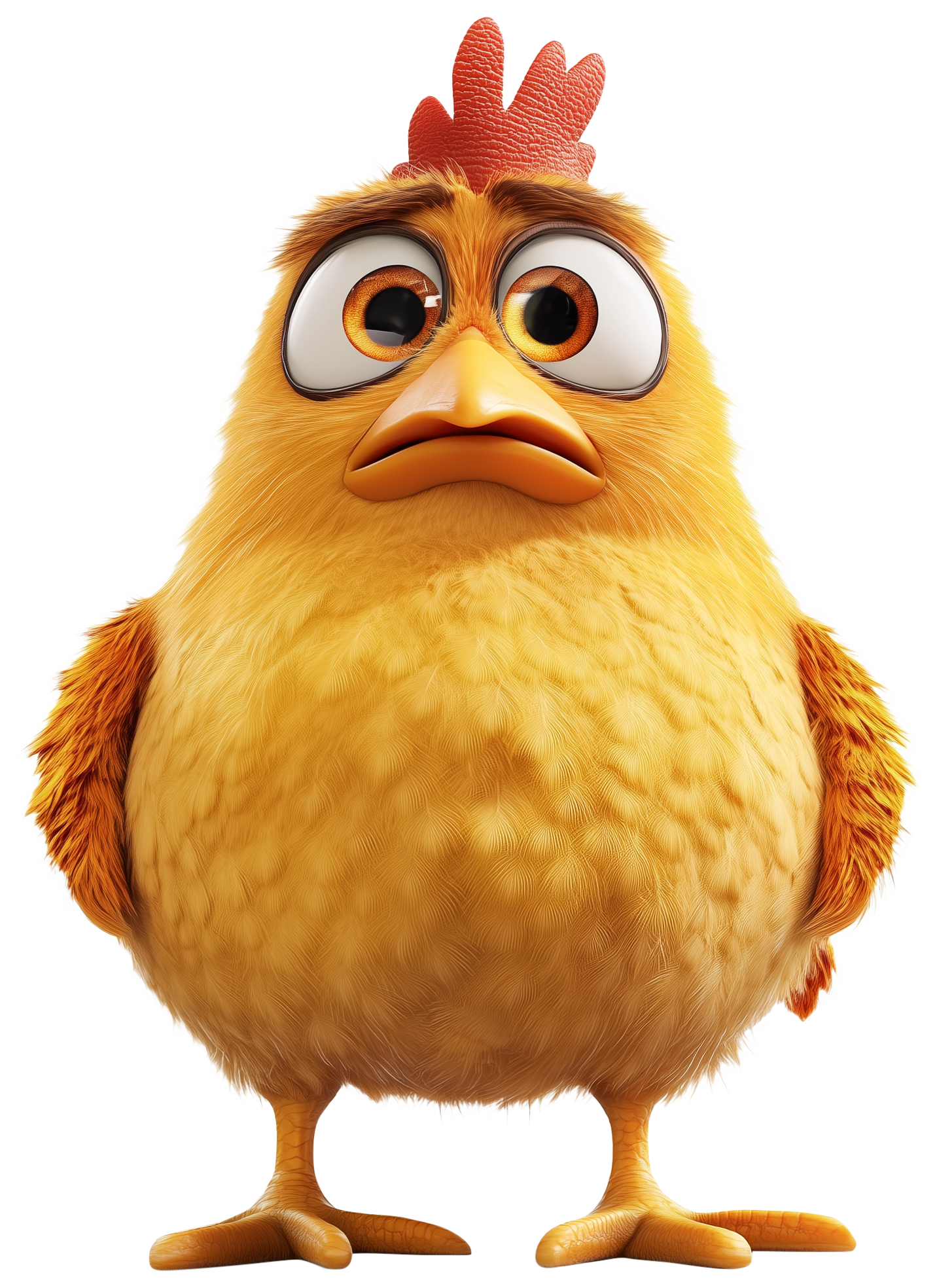 Cute 3D cartoon chicken standing front view with fluffy yellow feathers and orange comb