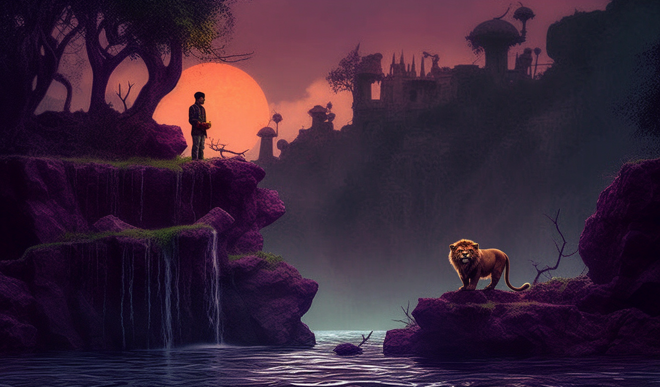 Preview for Mystical-landscape-lion-waterfall-ai-images-background-409f6