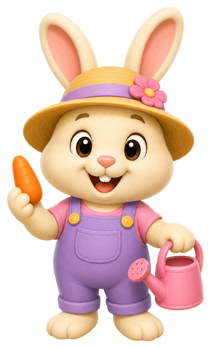 Cute bunny mascot wearing overalls and a hat, holding a carrot and watering can.