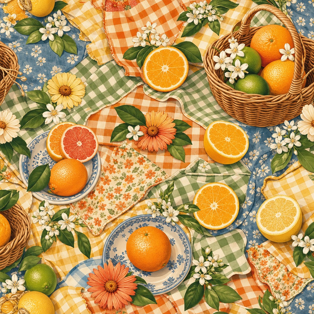 Retro picnic pattern with citrus slices, fruit baskets, flowers, and gingham cloth