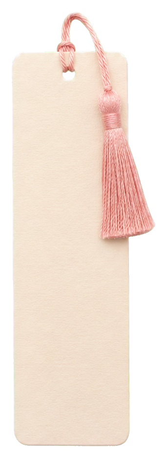 Cream bookmark with a pink tassel hanging from the top