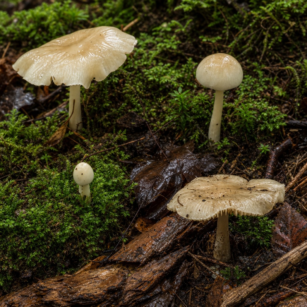 Pale woodland mushrooms growing on a mossy forest floor after rain.