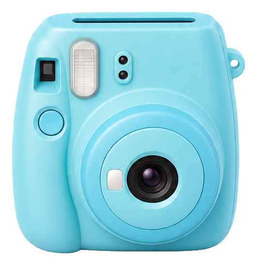 Cyan instant camera sticker with rounded body and central lens