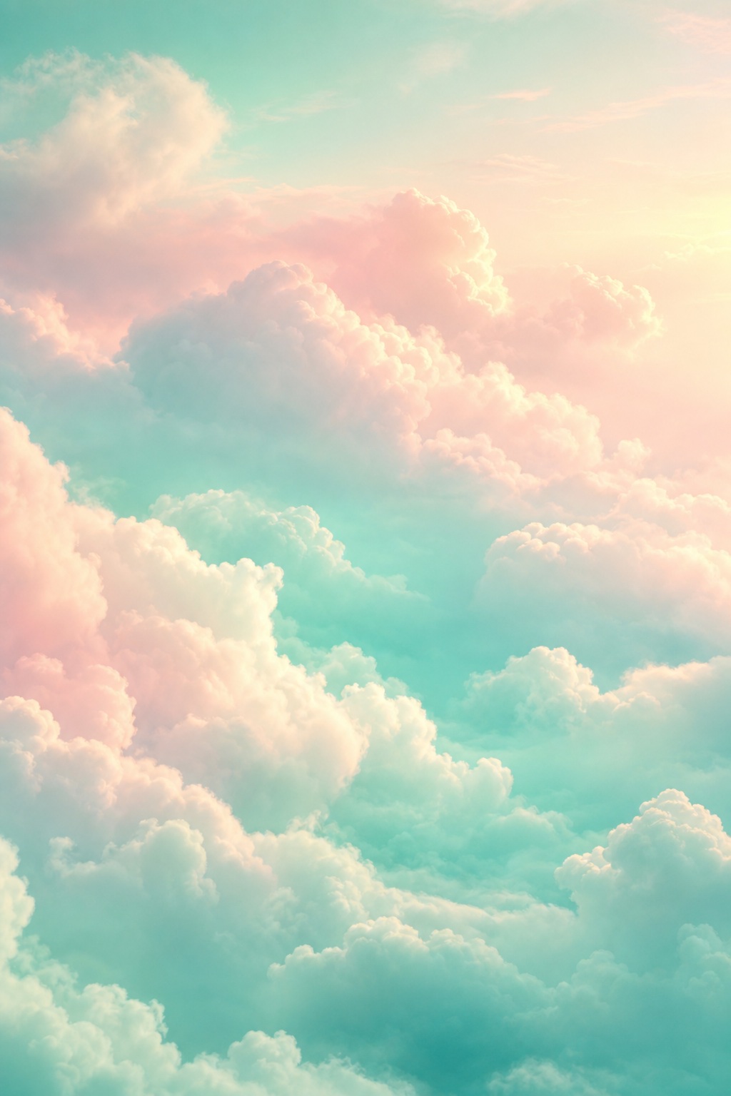 Soft pastel clouds floating beneath a warm mint and peach sky at the horizon.