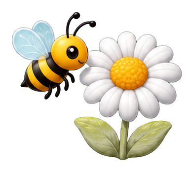 Cartoon bee beside a white daisy with green leaves