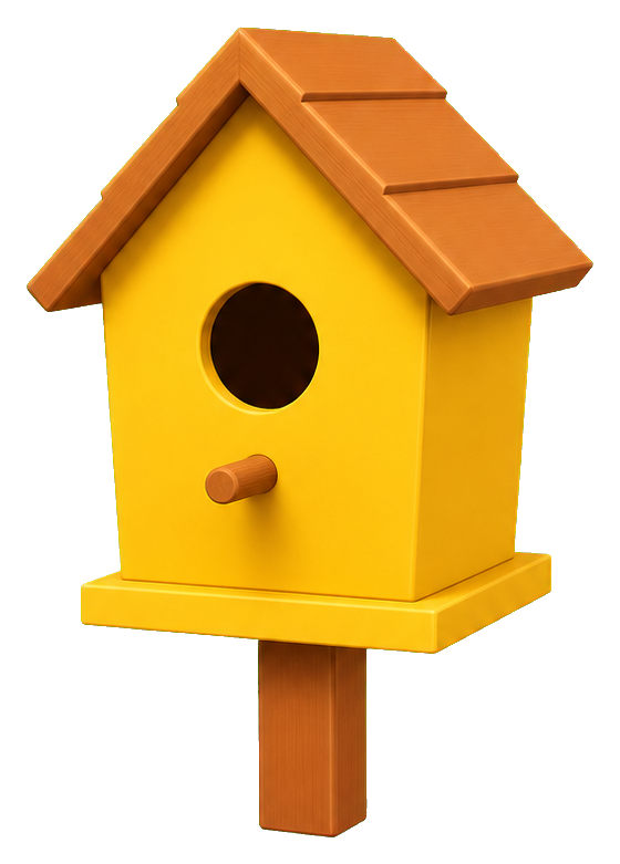 Yellow birdhouse sticker with a brown roof, round entrance hole, and small perch.