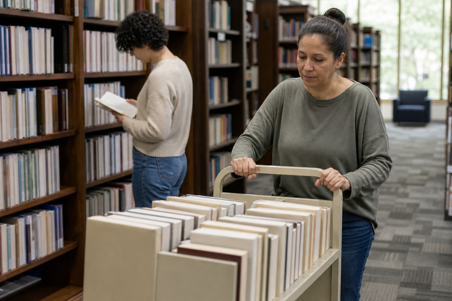 Two people in a public library with shelves and a cart of books.