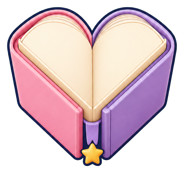 Heart-shaped stack of pink, cream, and purple books with a small gold star at the bottom