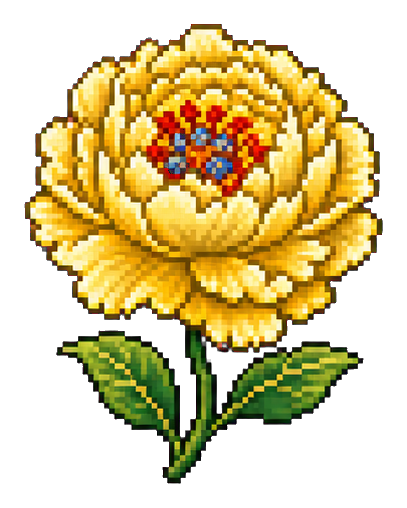 Gold pixel art peony with layered petals and green leaves