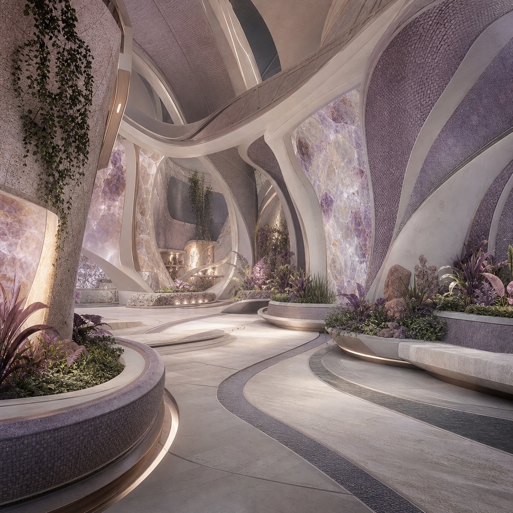 Futuristic orbital habitat atrium with curved white structures, plants, and soft orchid lighting.