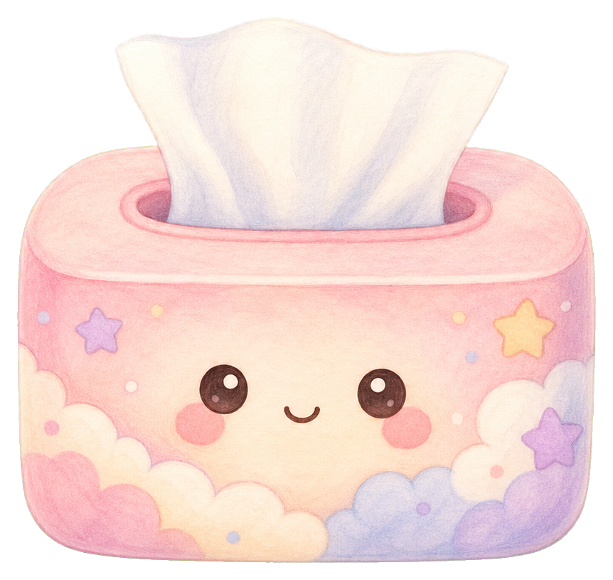 Cute pink tissue box with a smiling face and pastel clouds and stars.