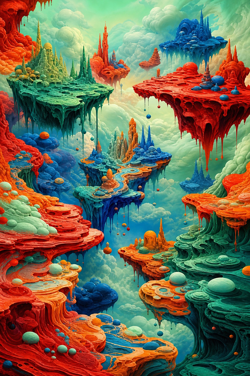 Colorful floating islands in a surreal landscape with deep contrast and drifting shapes