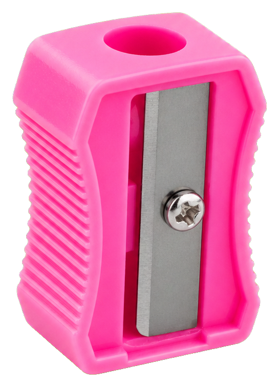 Pink plastic pencil sharpener with a silver blade and bright pink body