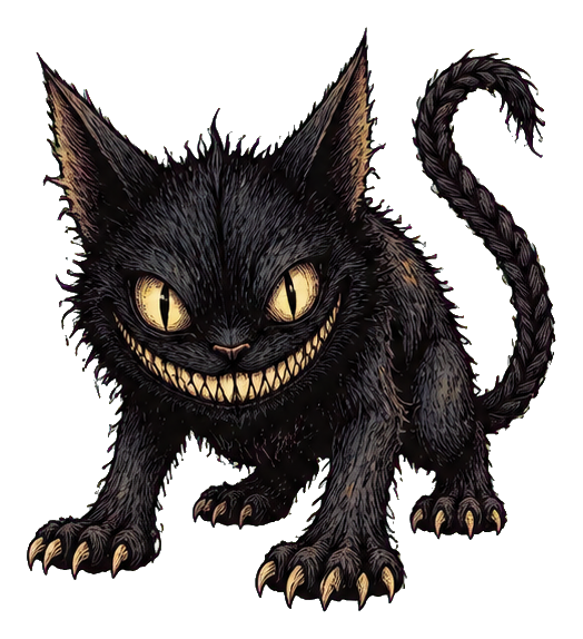 Black werecat with glowing eyes, sharp grin, and a curled braid-like tail.