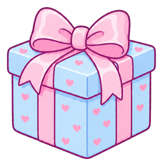 Pastel blue gift box with pink ribbon and heart pattern sticker.