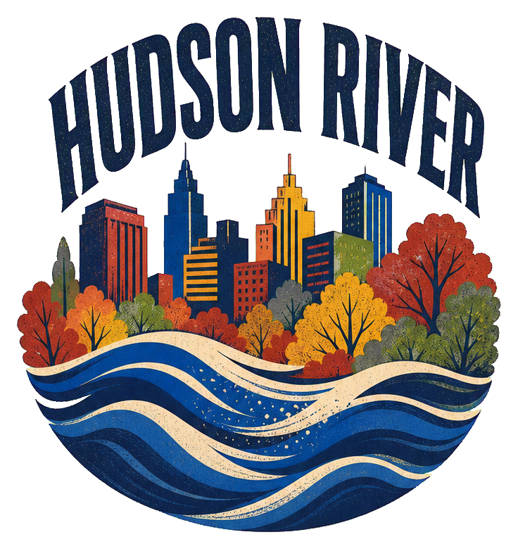 Retro circular Hudson River sticker with skyline, trees, and stylized waves