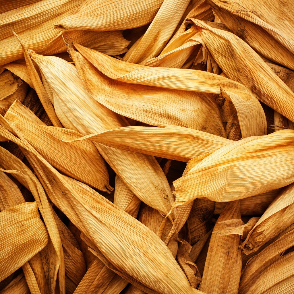 Close-up texture of dried corn husks in warm golden brown tones.