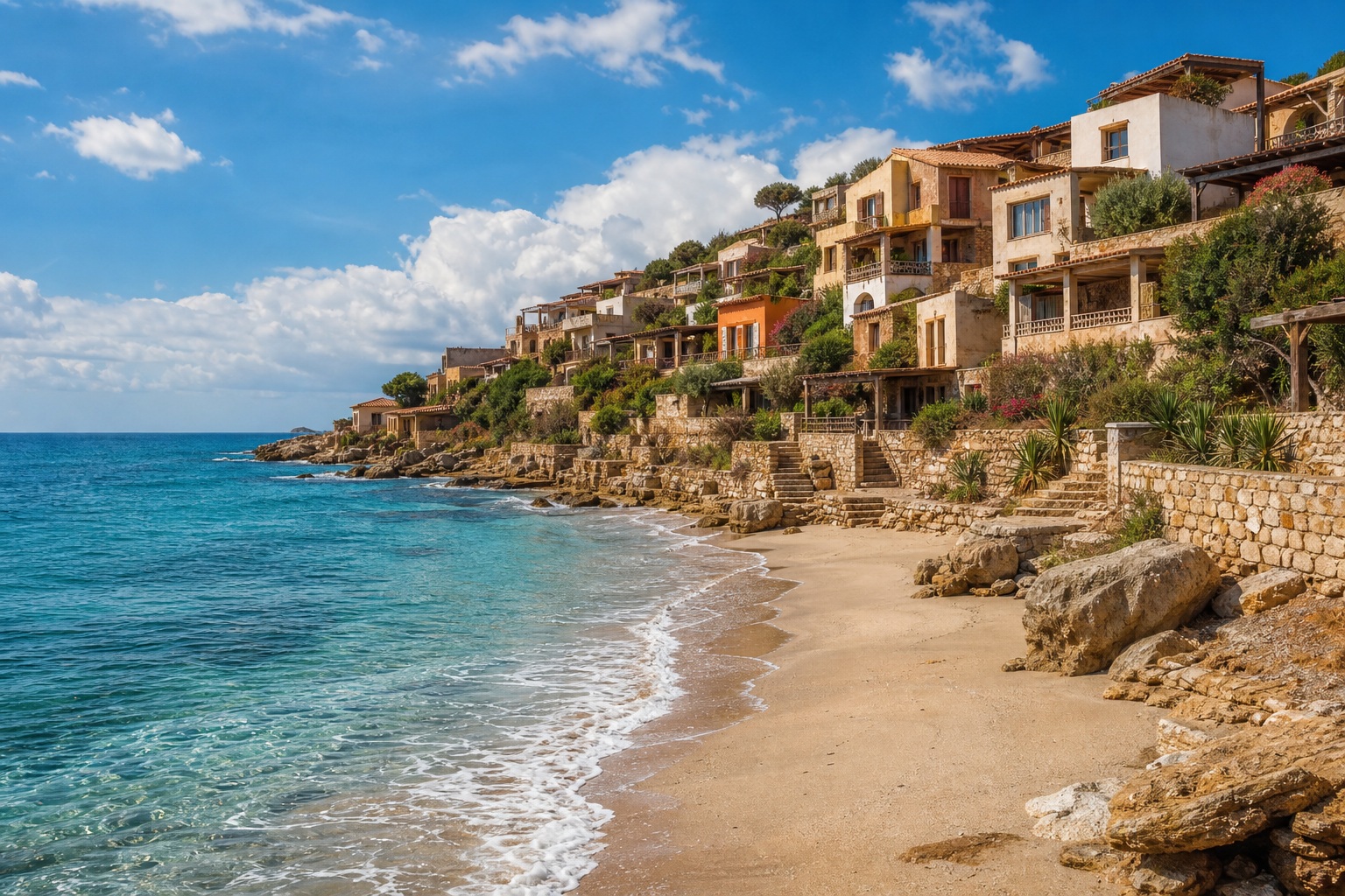 Cliffside coastal village overlooking a sandy beach and rocky shoreline at blue hour.