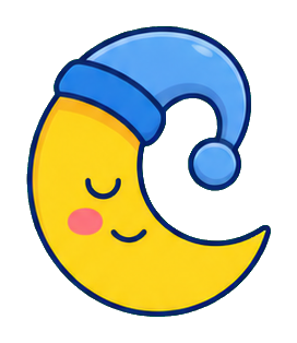 Cute crescent moon wearing a blue nightcap with eyes closed and pink cheeks