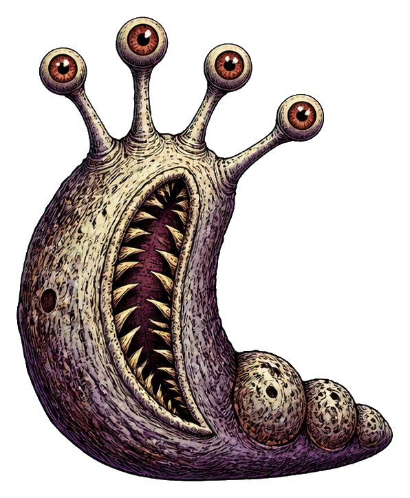A purple-gray slug monster with an open jaw and eye stalks.