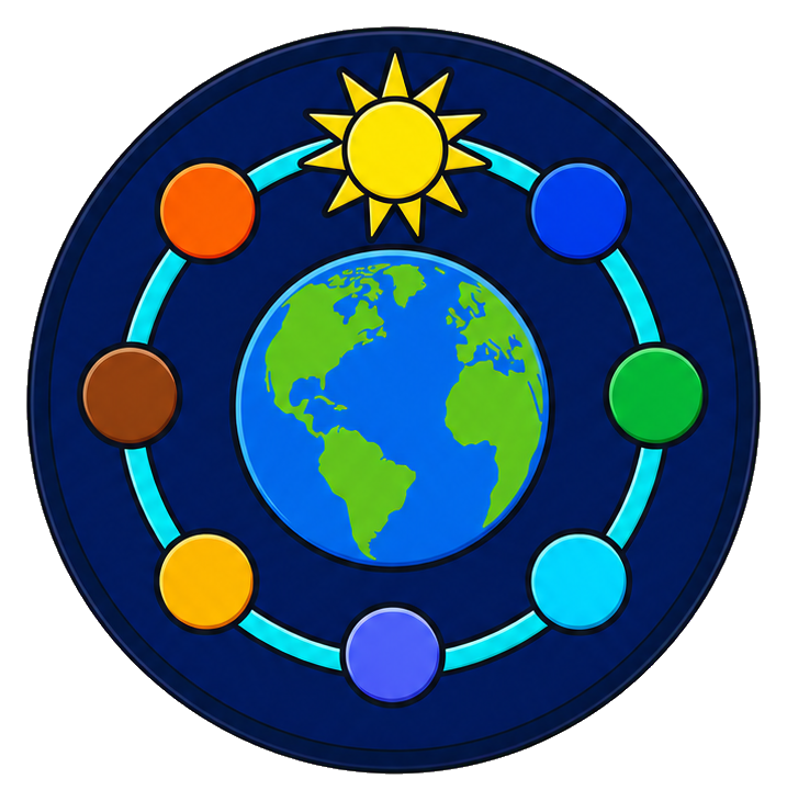 Circular planetary badge with Earth in the center and colored planets around it