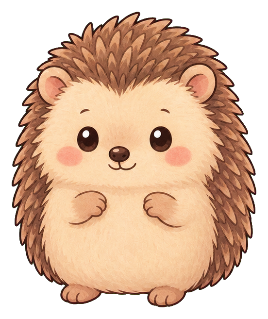 Cute fluffy hedgehog with rosy cheeks and small paws in pastel kawaii style.