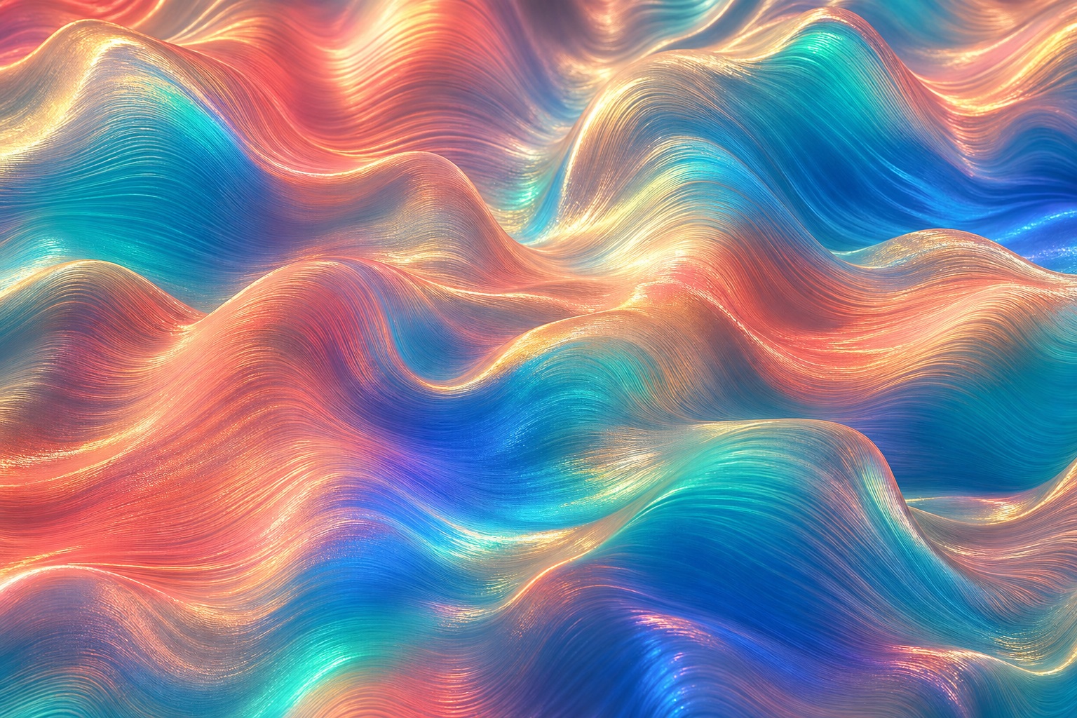 Coral and turquoise flowing mesh waves with an iridescent abstract texture.