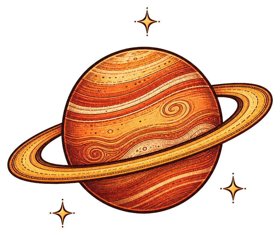 Copper-toned Saturn planet with rings and small sparkling stars