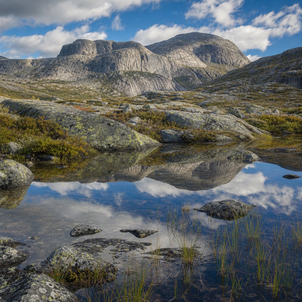 Rocky granite mountains reflected in a calm pond under a cloudy blue sky.