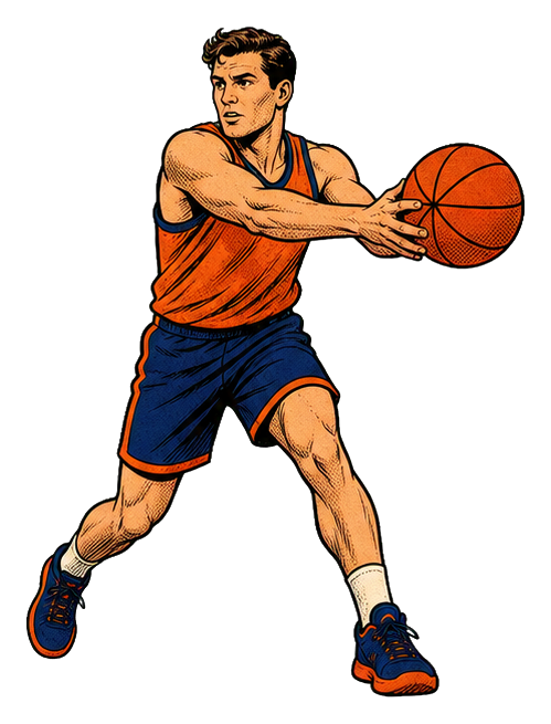 Retro-style basketball player passing an orange basketball in an athletic stance.