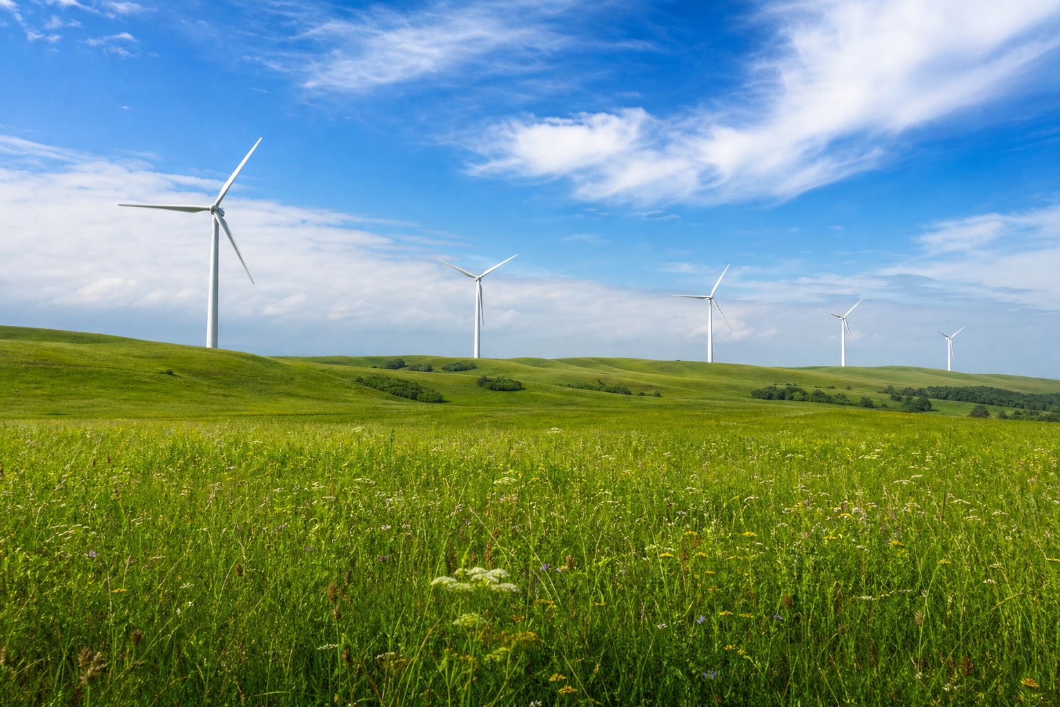Wind turbines rising over a green meadow under a blue sky with clouds.