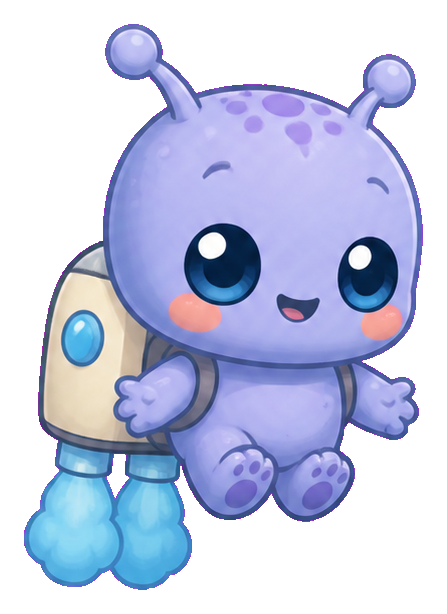 Cute periwinkle alien with big eyes and a rocket pack sitting in place