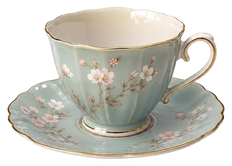 Pale blue teacup and saucer with delicate floral painting and gold rim