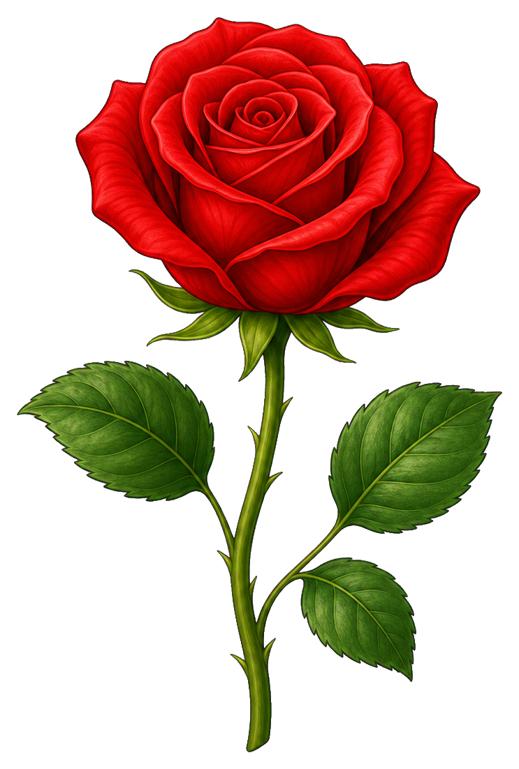 A red rose with green leaves and stem on a transparent background.