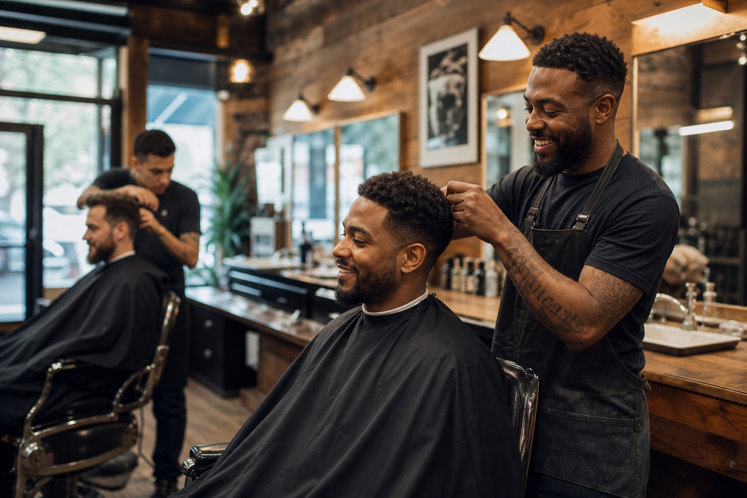 Barber cutting a client’s hair inside a modern shop with another customer waiting nearby.